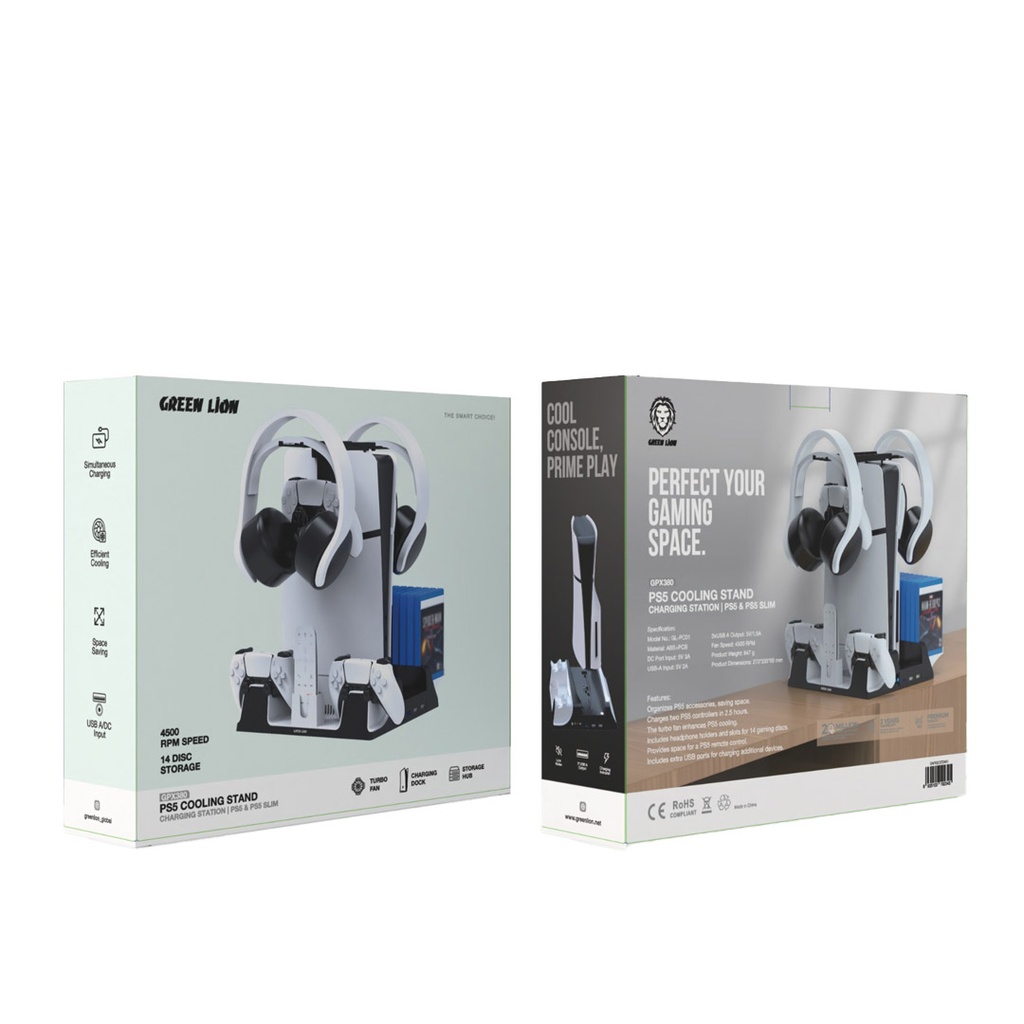 GREEN LION PS5 Slim Cooling Stand Charging Station, 14 Disk Storage, 4500 RPM Speed, Low Noise